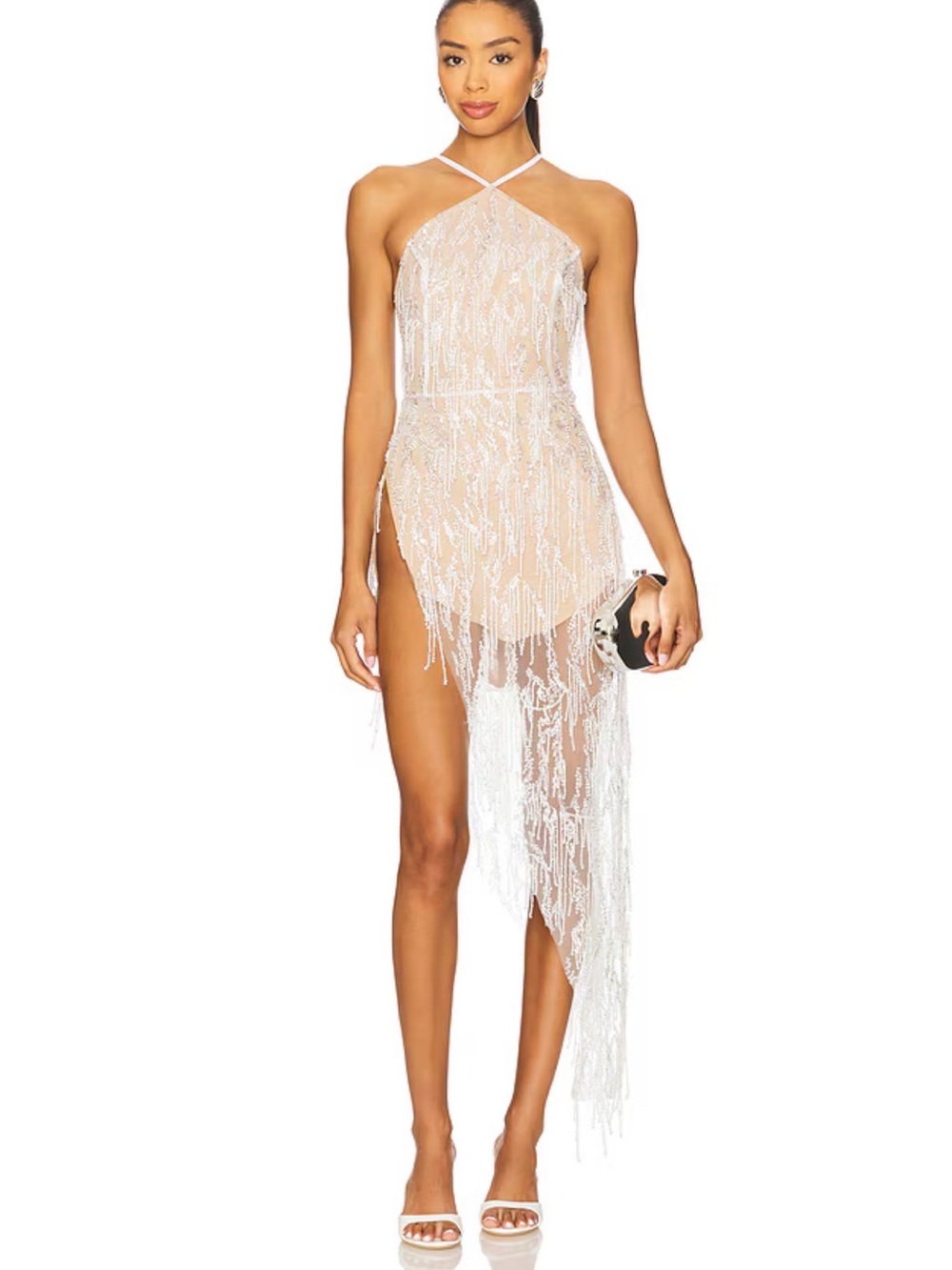 Sketch-Y Asymmetrical Nude Beaded Fringe Halter Dress